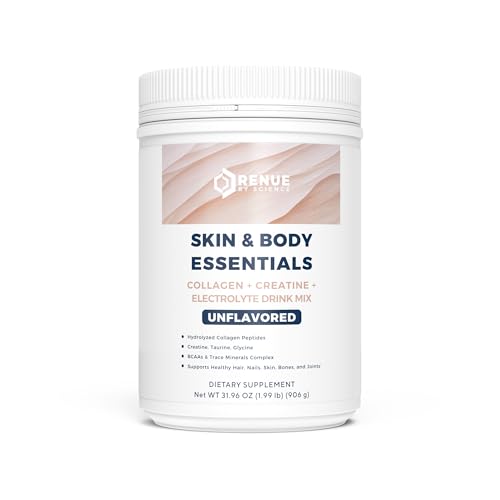 RENUE By Science Skin and Body Essentials - Unflavoured - 12g Grass-Fed Collagen Peptides, 4g Creatine, BCAAs, Electrolytes, Vitamin C, Zinc - All In One Low Carb Formula Designed to Promote Longevity