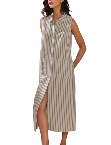Image of Women's Spring Summer Button-Down Shirt Dress Cotton Striped Collared Tunics Sleeveless Tank Dress with Pockets(Khaki-XL)
