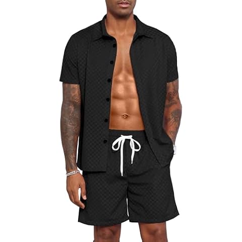 UOUA Mens Velour Tracksuit 2 Piece Outfits Short Sleeve Button Down Shirt and Short Sets Casual Sweatsuits Black L Cover
