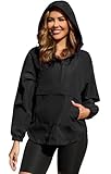 PESION Womens Packable Anorak Half Zip Waterproof Pullover Jacket, Waterproof Raincoat Lightweight Rain Jacket Windbreakers, Black, XX-Large
