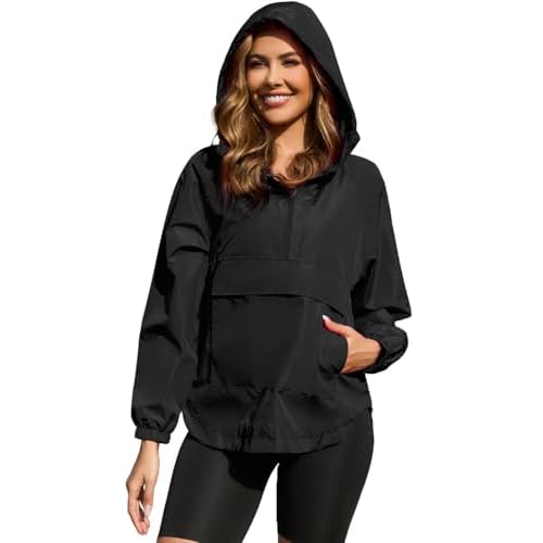 PESION Womens Packable Waterproof Raincoat Lightweight Rain Jacket, Running Cycling Hiking Windbreaker Pullover Jackets Black Large