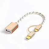 2 in 1 USB C Adapter OTG Cable, CableCreation 0.6ft Short USB Type C + Micro USB to USB 2.0 Female on-The-go Cable, Compatible Galaxy S9/S9 Plus, Android and Type C Devices, 0.18M / Khaki Aluminum