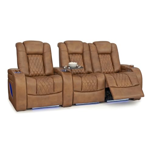 Image of Seatcraft Virtuoso LT Tawny Italian Leather Home Theater Seating, Zero Gravity Power Recliner, Heat and Massage, Powered Headrest and Lumbar Gaming and Home Office Chair, Row of 3 Right Loveseats