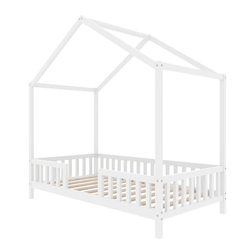 Image of Bellemave Twin House BedFrame with Canopy, Montessori Floor Bed, House Bed with Rails for Kids, White
