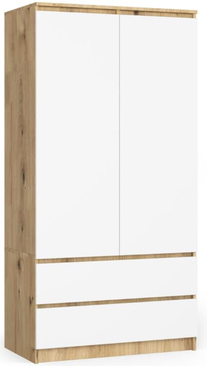 BDW Armoire à 2 Portes, 4 étagères, Penderie, 2 tiroirs, pour Chambre à Coucher, Salon, Couloir, 180 x 90 x 51 cm (Chêne Artisan/Blanc)