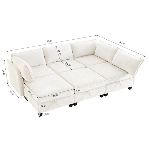 Image of ORRD Sleeper Modular Sectional Sofa Set, Convertible Couch Bed with Storage, 6 Seater and 3 Armrestes Sofa Modular for Living Room, Office (Beige)