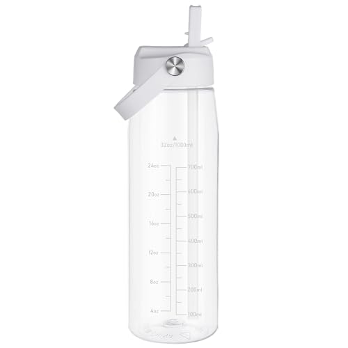 OLDLEY 1000ml/32oz Water Bottle with Straw Tritan 1 Litre Clear Drinks Bottle with Handle BPA Free Leakproof Reusable Large Sports Bottle for Gym School Cycling (Transparent)