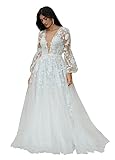 YMSHA Long Sleeve Boho Wedding Dresses for Bride 2024 Deep V Neck A Line Lace Bridal Gowns Ivory 16 Plus Size
