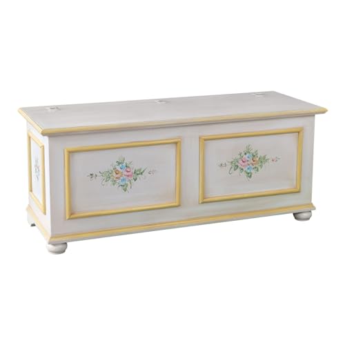 Vicentini arreda CASSAPANCA IN LEGNO SHABBY CHIC MOD CIPOLLA BIANCO DECORATO FILO GIALLO (L 120 P 42 H 50)