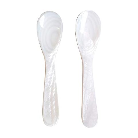 Marycrafts Set of 2 White Mother of Pearl MOP Caviar Spoons W Round Handle Cover