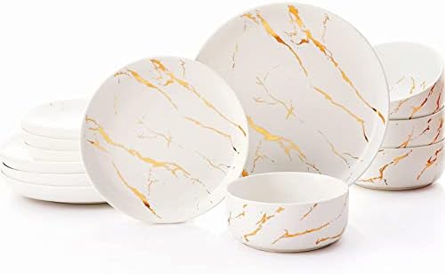 White Gold Splash Dinnerware Sets, 12 Pieces Fine China Marble Pl...
