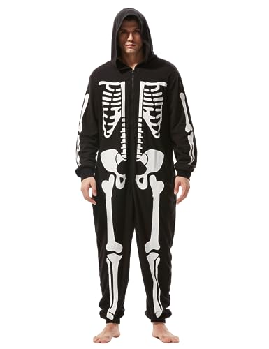 Kofero Skeleton Costume for Men Onesie Adult Halloween Pajamas Deluxe Cozy Plush Jumpsuit Outfit for Unisex Cosplay Holiday Black