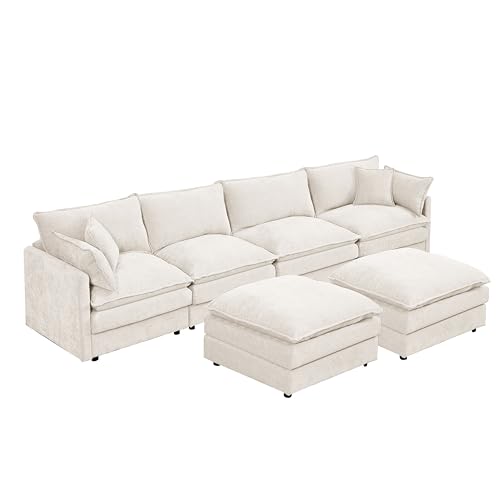 Image of 106.3 inch U Shaped Modular Sectional Sofa, Comfy Upholstery Chenille Cloud Couch with Ottoman, Modern 4-Seat Deep Seat Sofa with Pillow for Living Room, Bedroom, Apartment, Beige White