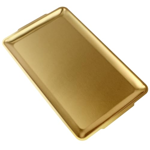 Sanbege Large Stainless Steel Serving Platter 15.7 Rectangle Camping Plate Vanity Organizer Tray for BBQ Party Buffet Appetizer Bathroom Supplies (Brushed Gold)