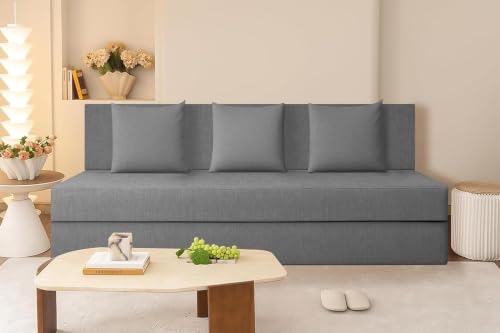 Image of Rosebell 3 Seater Sofa Cum Bed - Grey | 5x6 Feet | Jute Fabric with Removable Washable Cover & Cushion | Space-Saving Furniture for Home & Office