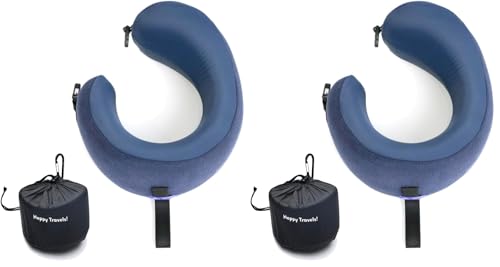 Image of C CUSHION LAB Travel Pillow, Award-Winning Patented Ergonomic Design for Chin & Neck Support Memory Foam Neck Pillow, Compact Airplane Pillow for Traveling, Flight, Car (Navy, Medium) (Pack of 2)