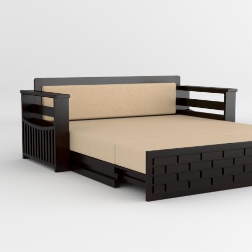 Image of Solid Sheesham Wood Sofa Cums Bed with Mattress & Storage | Rosewood Convertible Sofa Bed for Living Room & Bedroom (E-Walnut, 3 Seater)