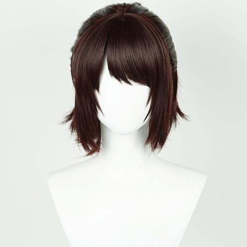 Image of HangeZoe Cosplay Wig Short Anime Dark Brown Ponytail Wig with Bangs | Deep Brown Giant Costume Wigs Synthetic Hair for Women Halloween Party