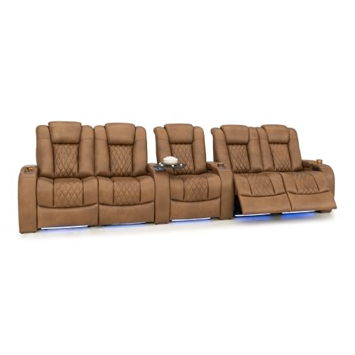 Image of Seatcraft Diamante Tawny Italian Leather Home Theater Seating, Zero Gravity Power Recliner Gaming and Home Office Chair, Powered Headrest Lounge Sofa Furniture for Cinema Room, Row of 5 Dual Loveseats