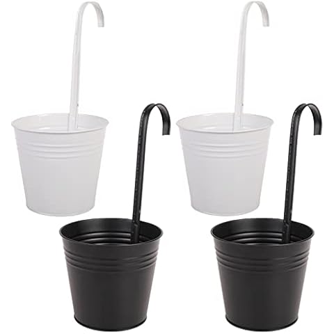 CITÉTOILE Set of 4 Hanging Pots Balcony Large with Hooks, Hanging Flower Pot Metal Outdoor for Plants Flowers, Flower Pots for Hanging Vintage for Decoration Balcony Garden Wall, Black, White Cover