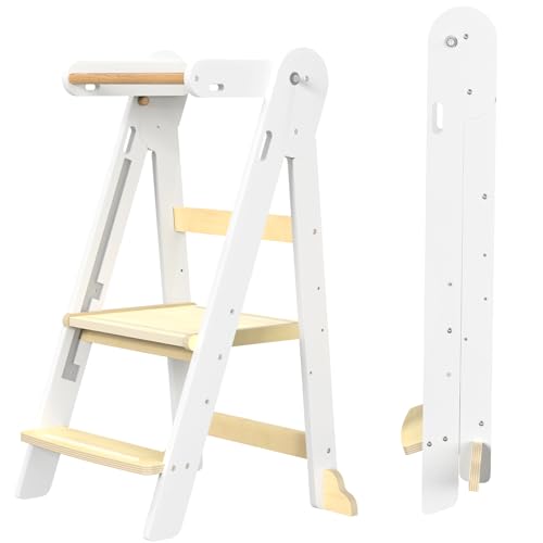 Image of Grownsy Foldable Step Stool Toddler Tower, Toddler Kitchen Stool Helper, Collapsible Kids Standing Tower with 3 Adjustable Heights for Kitchen Bathroom Sink Counter (White)