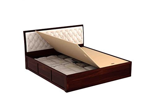 Image of Luxury Upholstered Queen Size Bed with Storage | Soft Fabric Padded Quilted Headboard | Strong Sheesham Wood Frame | Modern Wooden Bed for Bedroom Home & Hotel (Walnut Finish, Queen)