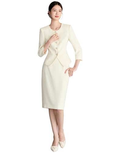 Ensemble smoking décontracté femme veste boutonnée manches 3/4 et jupe droite chic