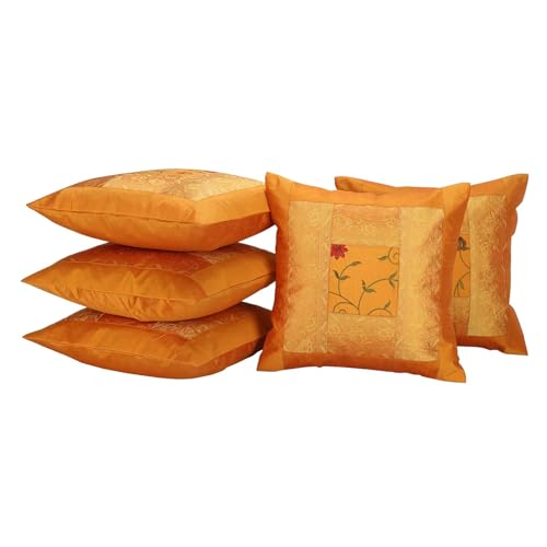 Image of Living Room Sofa Decor Flower Embroidered Silk Cushion Covers Scatter Cushion 16 X 16 Inches Set of 5 Pillowcase sham (Orange)