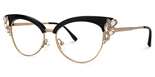 VOOGLAM Cat Eye Blue Light Blocking Glasses for Women with Crystal, Black Stylish Eyeglasse Anti UV Blue Light Eyestrain Portia