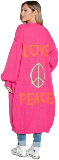 Womens Love Peace Graphic Oversized Cardigan Long Sleeve Pink Small Medium