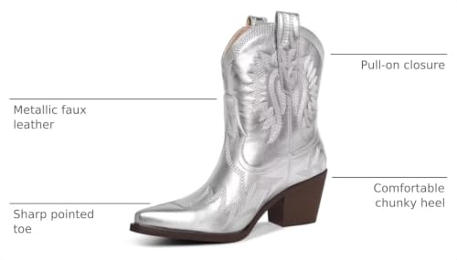 Image of HOCHFART Women's Western Ankle Cowboy Boots Chunky Pointed Toe Wide Calf | Metallic PU-Leather, Embroidered, Pull-On, Concert, Festival, Rodeos, Party, Daily Wear, All-Day Comfort