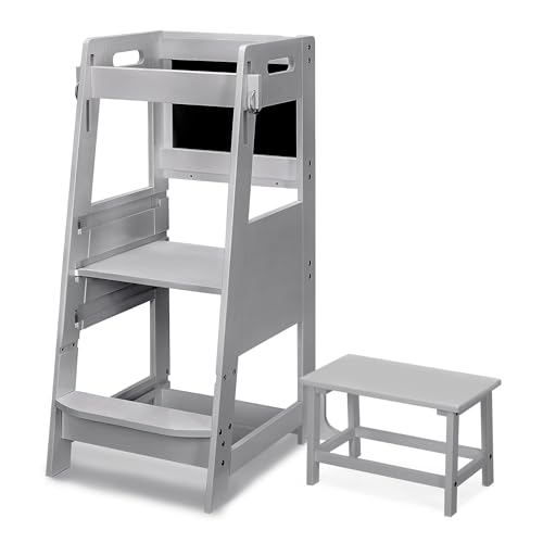 Image of TOETOL Bamboo Kids Step Stool Toddler Kitchen Learning Standing Tower Stool Helper 3 Adjustable Height for Bathroom & Kitchen Counter with Message Boards, Safty Rail Whiteboard, Anti-Slip Protection