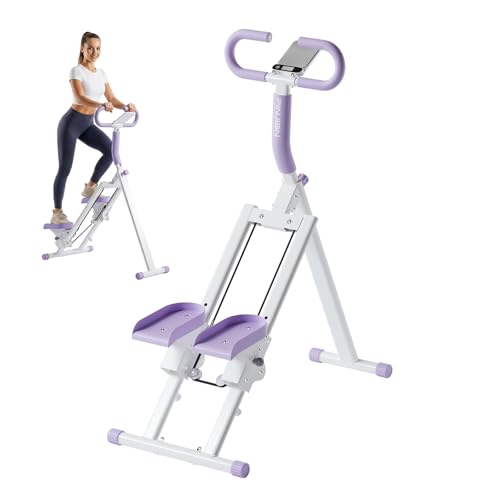 Stair Steppers for Exercise at Home Folding Vertical Stair Stepper Climber Full-Body Cardio Machine with Adjustable Handles Steel Frame & Digital Monitor (White-Purple Home)