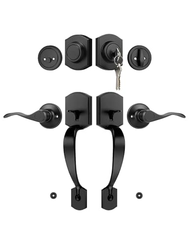 Image of Tinewa Matte Black Double Front Door Handleset with Deadbolt - Upgraded Entry Door Handle Featuring Accent Wave Lever, Keyed & Dummy Exterior Handleset Combination