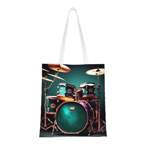 Cool Drum Set Print Polyester Canvas Tote Bag, Shopping Bag With Reinforced Handles, Reusable