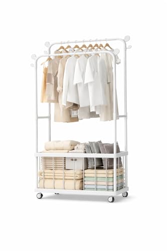 Image of Raawan Heavy Duty Double Rod Clothes Rack with Side Storage Shelves | Metal Garment Stand Organizer | Space Saving Cloth Hanger Stand for Bedroom, Living Room & PG (2 LAYER + BOX WHITE)