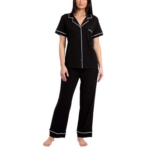 Nicole Miller New York Women's Pajamas 2 Piece Soft Ribbed Notch Collar Button Down PJ Set