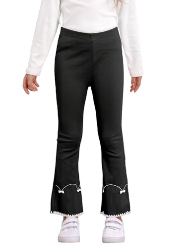 Kids Girls Elastic Waist Flare Leggings Ribbed Knit Bell Bottoms Pants Casual Fall Embroidery Plush Hem Trousers