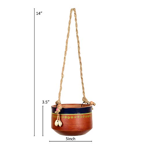 Image of AAKRITI ART CREATIONS Terracotta Hanging Planter | Blue & Brown Earthen Design with Jute Hanger, Modern Art, Matte Finish | Decorative Hanging Pot for Indoor & Outdoor Home Decor