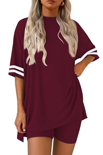 Image of Ekouaer Womens Pajamas Casual 2 Piece Short Sleeve Biker Shorts Lounge Set
