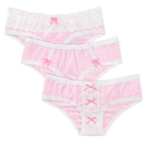 Littleforbig Women's Ladies Soft Mesh Lacy Underwear Comfortable Hipster Briefs Babydoll Pink Princess 3 Pack Panties Set4