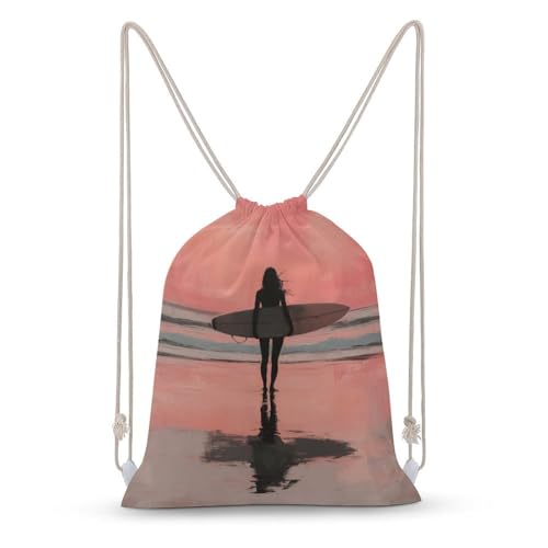 Woman with Surfboard Drawstring Backpack Canvas String Bag Lightweight Sports Gym Bag for Men Women