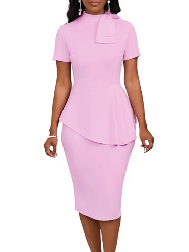 Image of WanMem Women Formal Bodycon Peplum Cocktail Dress Short Sleeve Bow Ruffle Pencil Party Midi Dresses