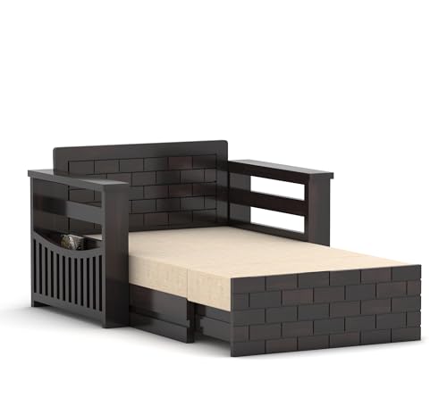 Image of Sheesham Wooden 2 Seater Sofa Cum Bed with Mattresses for Home Living Room | Rosewood 2 Seater Sofa Cums Bed for Bedroom Without Pillow | Solid Wood Sofa Bed (Walnut B, 2 Seater)