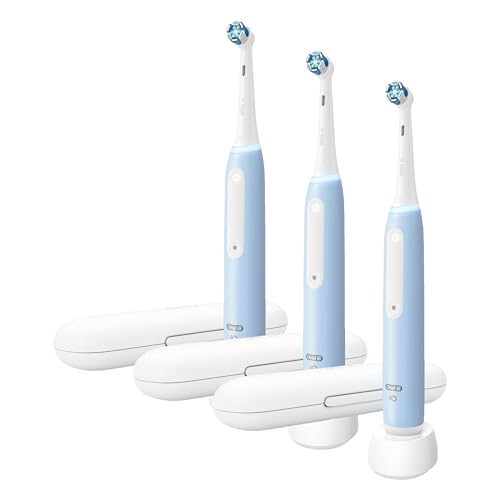 Image of Oral-B Rechargeable Electric Toothbrush, iO3 Limited Deep Clean, 3 Cleaning Modes, Visual Pressure Sensor to Protect Gums, 2 Brush Heads, Travel Case, ICY Blue (Pack of 3)