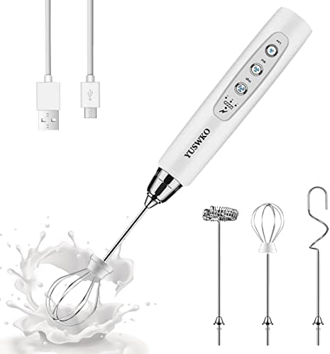 Rechargeable Milk Frother Handheld with 3 Heads, Cream Coffee Electric Whisk Drink Foam Mixer, Mini Hand Stirrer with 3 Speeds Adjustable for Latte, Cappuccino, Hot Chocolate, Egg