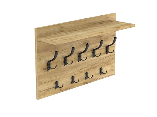 HWS FURNITURE Wandgarderobe mit 9 schwarzem Haken, Wandregal aus Holzdekor Eiche, Wandmontierte Garderobe für Flur, Schlafzimmer, Büro, Loft-Stil