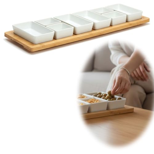 LS-LebenStil XL Tapas Snacktablett 9-Fach Set 58cm Holz Bambus Serviertablett mit Keramik Snackschalen Dipschalen Servierplatte Snackteller Couchbar Snackbox