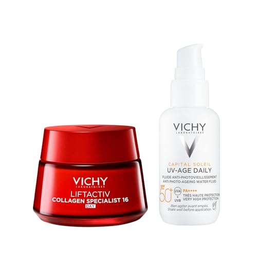 Vichy Collagen Specialist Crème de 16 jours et SPF 50+ anti-âge – Cible les rides et les taches sombres – Avec vitamine C et peptides – 50 ml + SPF 40 ml
