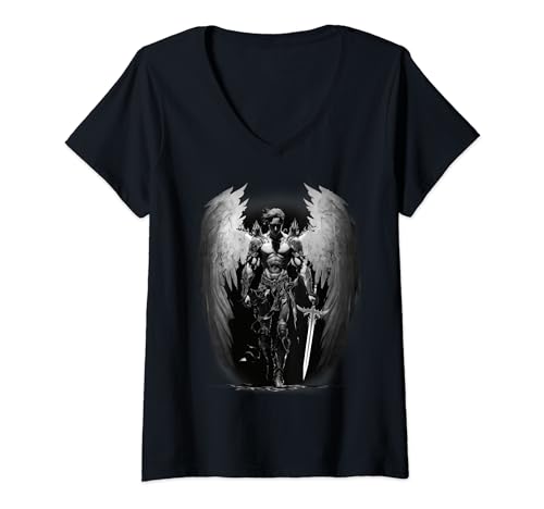 Womens Angel Archangel with Sword, Wings in B&W Walking to Fight. V-Neck T-Shirt